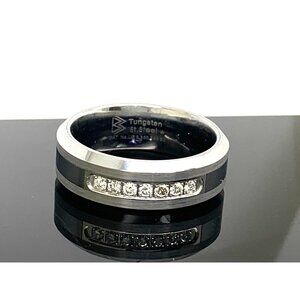 Men's Wedding Band Gray Silver Tungsten Stainless Steel Diamond Ring Size 12.75